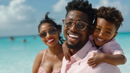 Happy black family enjoying a tropical beach vacation with smiles and laughter during a fun getaway. summer background banner for text for travel companies, airlines, hotels tourists
