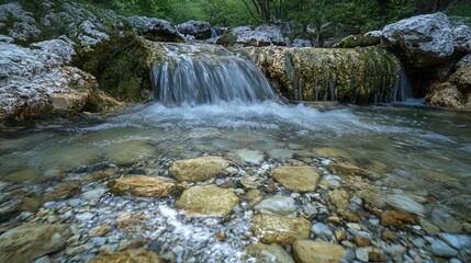Fototapeta premium Flowing waterfall scene in lush forest nature photography serene environment close-up view