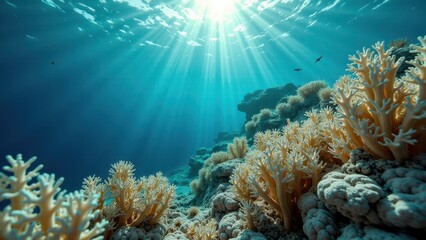 Obraz premium Sunlight illuminating an underwater coral reef affected by bleaching and climate change 