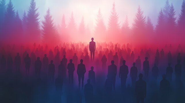 A central figure highlighted among a sea of silhouettes, symbolizing individualism and connection in a digital age. Solitude - Forest. Illustration