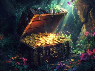 Treasure Chest Overflowing with Gold in a Lush, Enchanted Grotto.