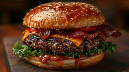 Gourmet burger with bacon, cheese, lettuce, tomato, and ketchup