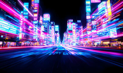 Obraz premium Neon Cityscape at Night with Vibrant Lights and Motion Blur