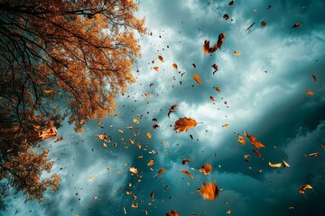 A vibrant image of autumn leaves swirling in the wind against a dramatic, cloudy sky, A windy day with leaves swirling in the air against a dramatic sky