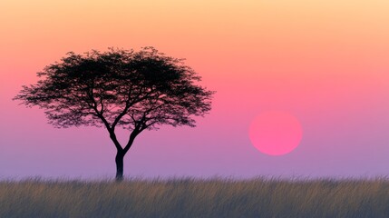Fototapeta premium Amidst a desert field, a solitary tree is embraced by colorful desert plants, set against a vivid sunset sky