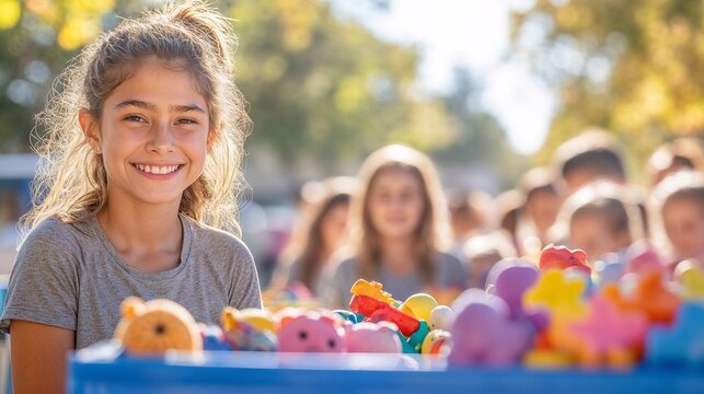 Smiling young volunteers with colorful toy collection drive boxes for charity campaign websites, community service promotions, donation event marketing, nonprofit promotions, fundraising initiatives