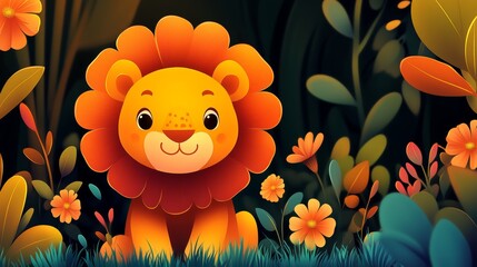 Resting in a tranquil meadow of green grass and wildflowers, a graceful lion with a flowing orange mane exudes a sense of peace