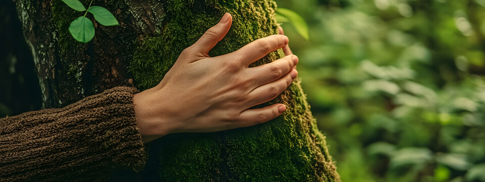 A person hugging an old, moss-covered tree trunk with their hands
