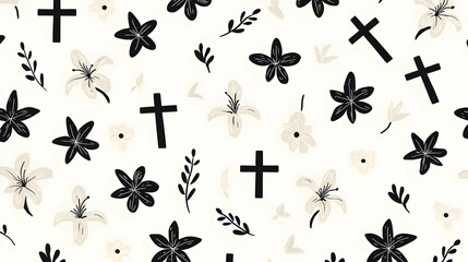 Fototapeta premium Floral Pattern with Crosses in Black and White for Religious Themes