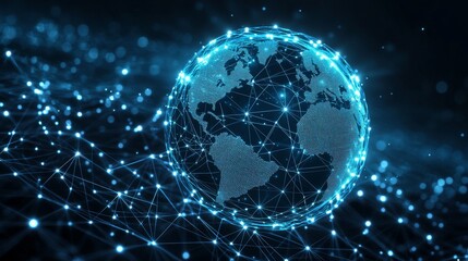 Obraz premium Floating against a dark backdrop, a luminous blue digital sphere composed of countless glowing particles creates a high-tech and futuristic look