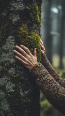 A person hugging an old, moss-covered tree trunk with their hands
