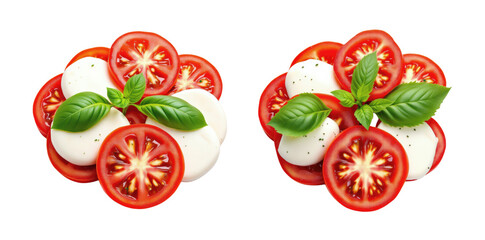 Fototapeta premium Fresh Caprese Salad Arrangement with Sliced Tomatoes, Mozzarella Balls and Basil Leaves in Circular Pattern Isolated on Transparent and White Background
