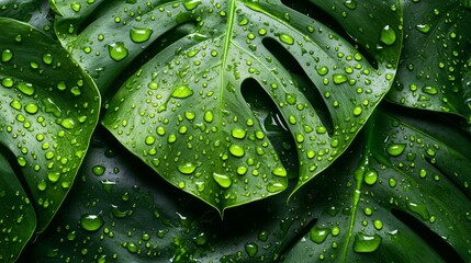 Fototapeta premium A detailed view of verdant monstera leaves, glistening with water droplets