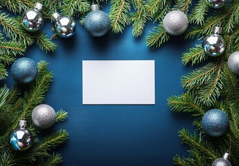 A plain card framed by festive Christmas decor; blue balls, holly, fir branches, and snowflakes against a dark blue backdrop