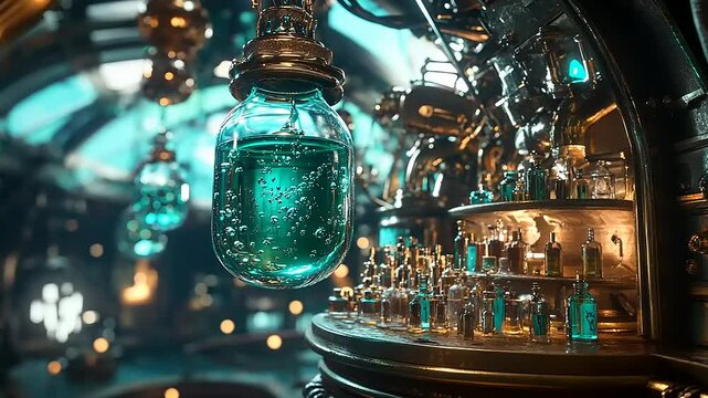 Intricate laboratory scene featuring glowing potions and beakers amidst a steampunk backdrop