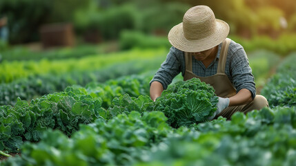 Young Asian farmer tending to lush green cabbage.