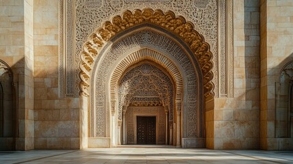 Intricate Stone Archway: Islamic Architecture, Ornate Details, Golden Hues