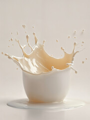 Milk splashes gracefully from a bowl creating an artistic pattern against a soft background