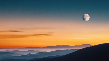   A full moon in the sky over mountain range and hills with a distant moon in background