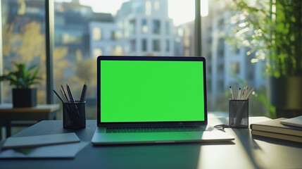 Fototapeta premium Laptop with green screen on desk near window.