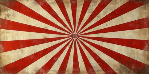 A nostalgic circus design with swirling rays and a distressed texture, highlighting a red and white sunburst pattern on a backdrop of a vintage summer fair or tent