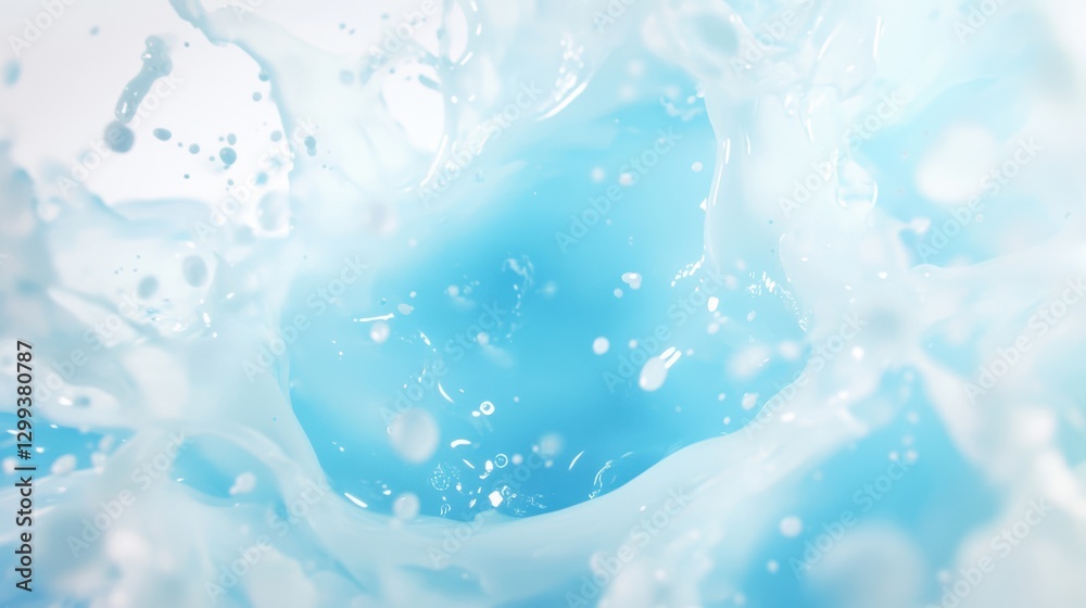 Poster swirling splash of vibrant blue water with crisp wave edges and floating droplets on white backdrop.