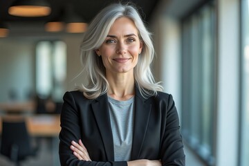 The woman confidently holds herself in a modern office environment, demonstrating an unflappable expression on her face 
