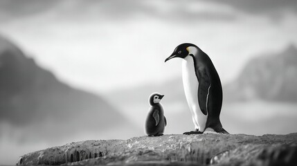 Fototapeta premium Two Penguins perched atop a Rocky Cliff with Mountains in the Distance