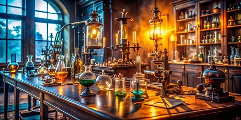 19th Century Science Lab: Bokeh Effect Stock Photo - Historical Research Equipment