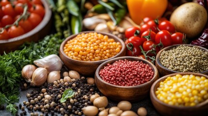 Colorful assortment of fresh spices, vegetables, and herbs arranged on a rustic wooden surface in a vibrant kitchen setting