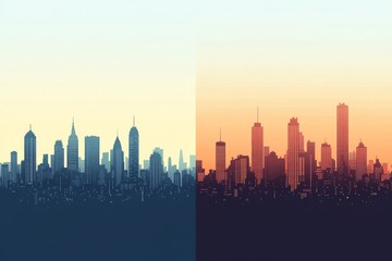 Obraz premium An array of city skyline outlines showcasing iconic urban landscapes with stylish high-rises against a twilight sky, suitable for contemporary design and advertising