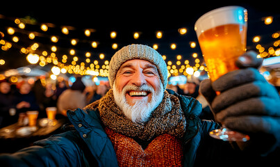 Fototapeta premium Joyful Senior Man Celebrating with Drink Under Festive Lights
