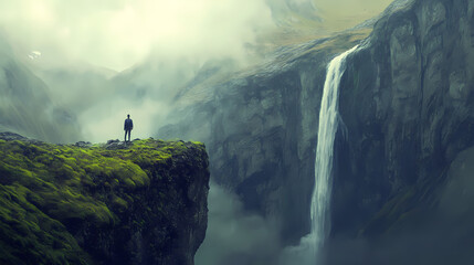 Exploring nature's majesty individual at waterfall cliff wilderness photograph foggy atmosphere dramatic perspective adventure. Majesty - Mountain. Illustration