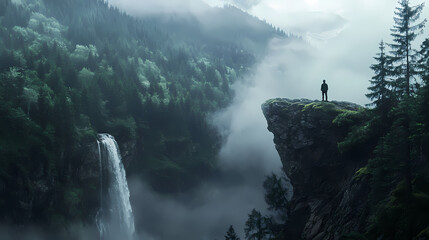 Exploring nature's majesty individual at waterfall cliff wilderness photograph foggy atmosphere dramatic perspective adventure. Majesty - Mountain. Illustration