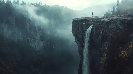 Exploring nature's majesty individual at waterfall cliff wilderness photograph foggy atmosphere dramatic perspective adventure. Majesty - Mountain. Illustration