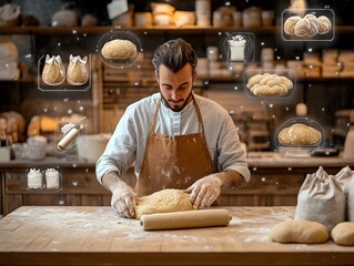 Professional Chef Kneading Dough on Wooden Countertop in Cozy Bakery Kitchen