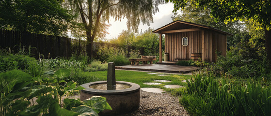 Tranquil garden with a wooden shed and stone fountain at sunset.