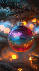 Fototapeta premium A colorful glass ornament hangs from a Christmas tree branch, illuminated by warm lights.
