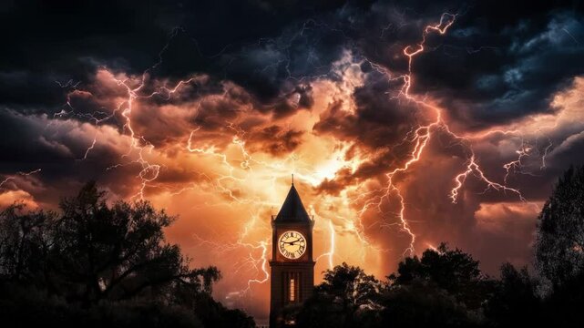 Clock Tower Under a Dramatic Lightning Storm