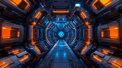 Fototapeta premium Highlighting the fusion reactor core in close-up, the complex design of modern technology is revealed, with its glowing elements and intricate wiring, illustrating innovations in renewable energy and
