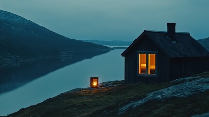 Fototapeta premium A cozy cabin perches atop a hill overlooking a tranquil lake A lit lantern illuminates its entrance, casting warmth into the surrounding darkness