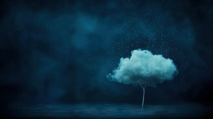   A tree-like cloud floats on water amidst a dark sky