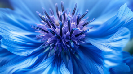 Obraz premium A close-up of a vibrant blue cornflower, highlighting the delicate, fringed petals and intricate textures of its center