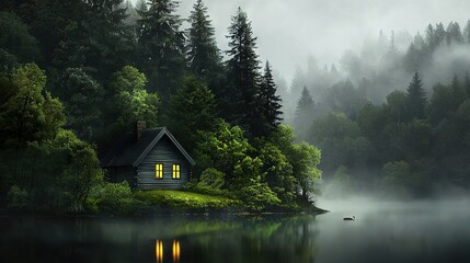 Fototapeta premium A small island, nestled in a serene lake, is home to this cozy house, set against the backdrop of a mystical forest shrouded in mist