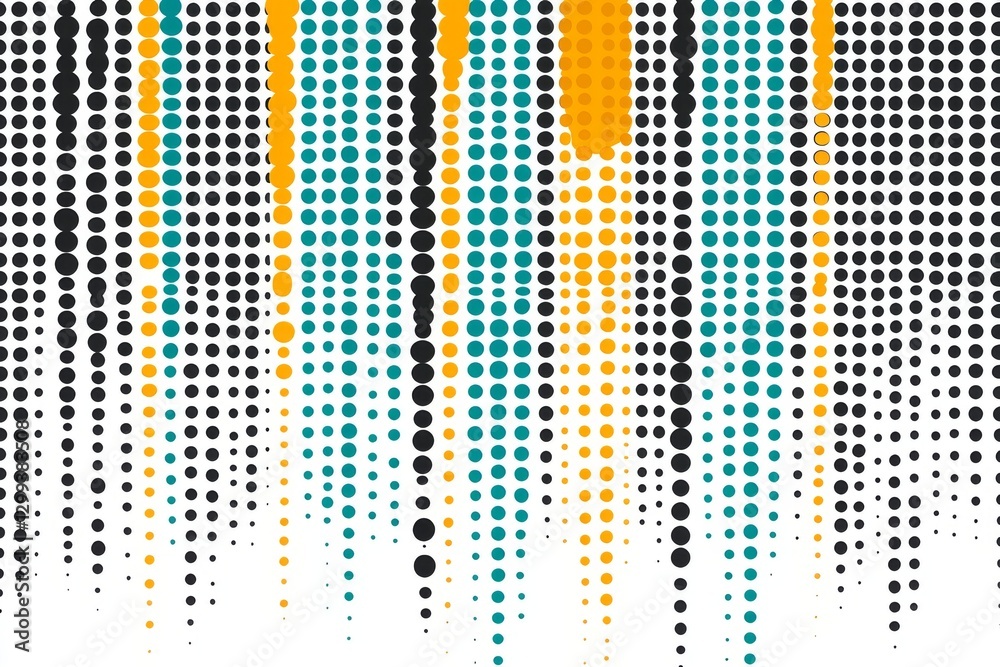Poster against a white backdrop, an array of abstract dots in multiple sizes and colors creates a bold desi