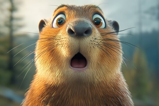 Close up view of a surprised furry animated rodent face