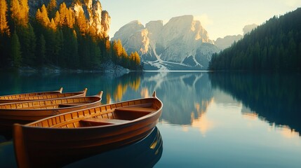Obraz premium A group of canoes resting on the lake's edge, surrounded by majestic mountains and a clear waterfront view