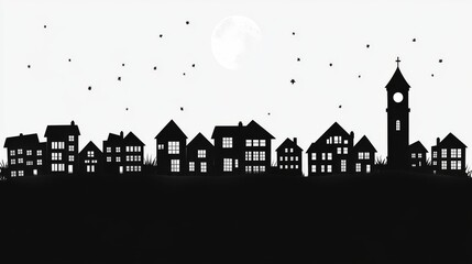 Fototapeta premium At dusk, the village skyline presents dark house silhouettes with warmly glowing windows and a tall church steeple against a white sky