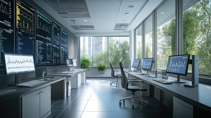Modern Office Control Room with Financial Data Displays and Large Windows