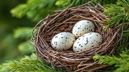 Obraz premium Showcasing the skillful construction, close-up photos of bird nests reveal the delicate use of twigs, leaves, and feathers, with tiny eggs and devoted parent birds in a nurturing scene